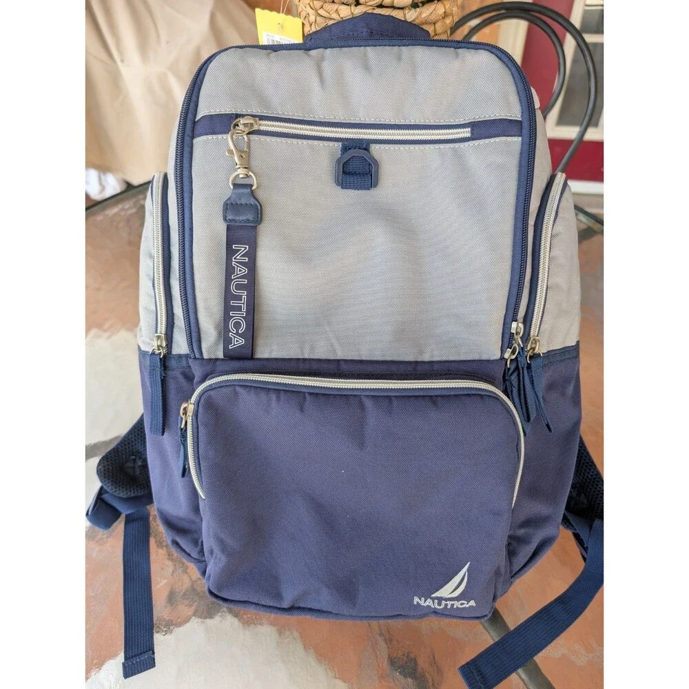 Nautica Backpack Blue Silver Insulated Drink Pockets Multi Compartment Kids Logo